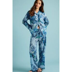 Papinelle x Karen Walker Blue Floral Cotton Pajama Shirt Button Front Sleep Top